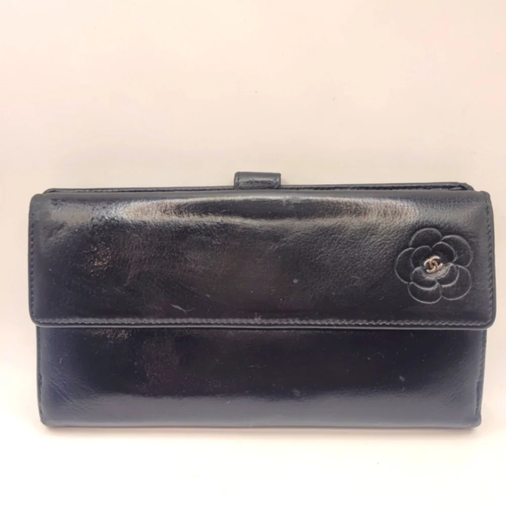 Chanel Black Camellia Embossed Leather Flap Wallet